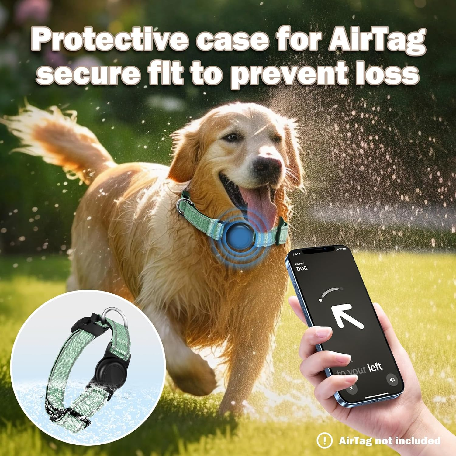 Enbluy Reflective Dog Collar, Soft Neoprene Padded Breathable Nylon Pet Collar Adjustable with Airtag Dog Waterproof Airtag Dog Collar Holder for Medium Large Dogs (Green, L)