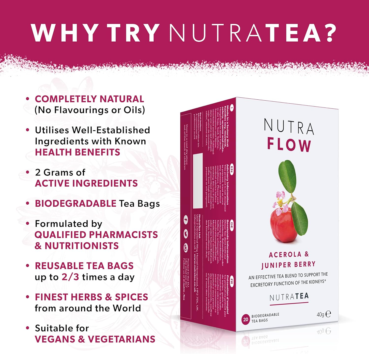 Nutratea NUTRAFLOW - UTI Tea | Urinary Infection Tea | Cystitis Teas - Eases Discomfort within the Urinary Tract - Includes Cranberry, Uva Ursi & Goldenseal - 20 Individually Wrapped Bags - Herbal Teas - (1 Pack) image number 1