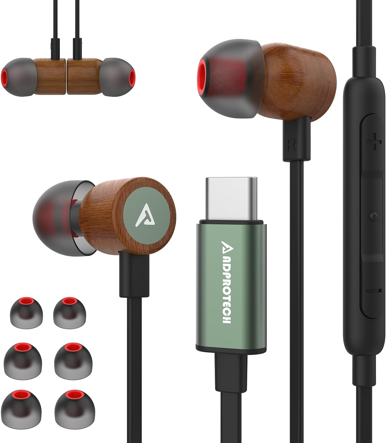 USB C Headphones for Iphone 16, Type C Earbuds Red Pear Wood Wired Hifi Stereo with Remote & Mic, USB C Earphones Compatible with Iphone 16/15 Pro Max, Galaxy S23, Ipad Device with Type C, Black image number 1