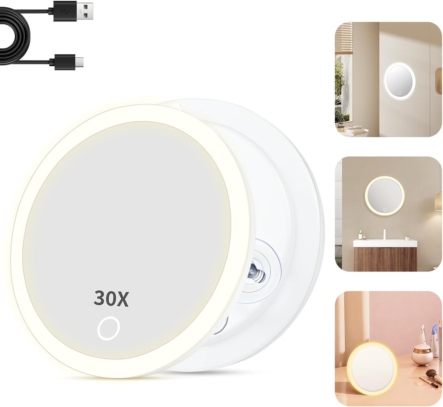 Compact Suction Cup Makeup Mirror, 30X Makeup Mirror with Light, Folding Dimmable Touch Screen Mirrors, Rechargeable 3 Colors Modes and Adjustable Brightness for Bathroom Travel