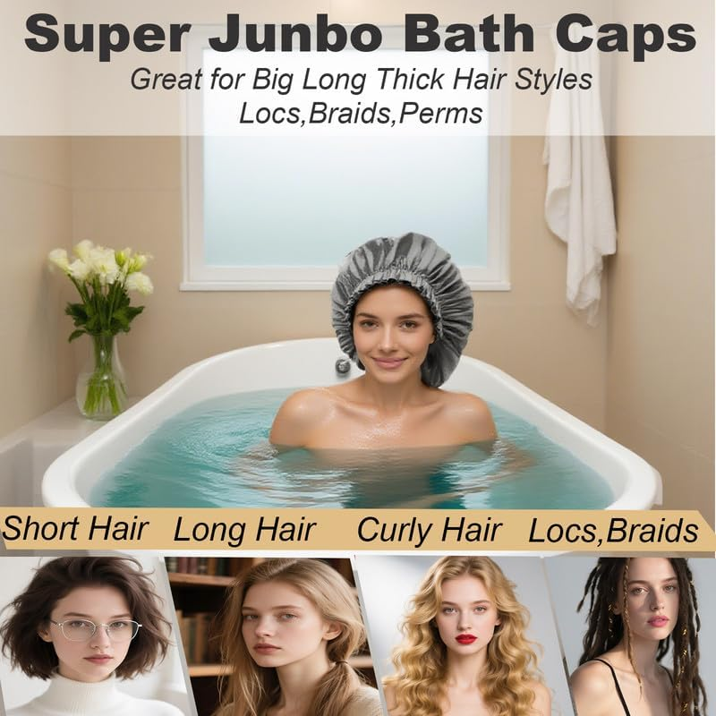 2 Packs Large Waterproof Shower Cap for Long Hair, Reusable Jumbo Shower Bonnets, Shower Head Cover for Locs, Curly, Baids & Wigs, XL Size Hair Cap for Spa Home Salon Use (Grey) image number 6