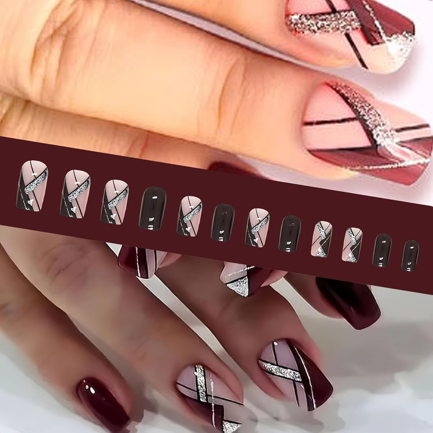Whaleo 24 Pieces False Nails with Glue Stickers Press on Nails Press on Gel False Nails Gel False Nails Adhesive False Nails for Women Girls - Dark Red Lines image number 3