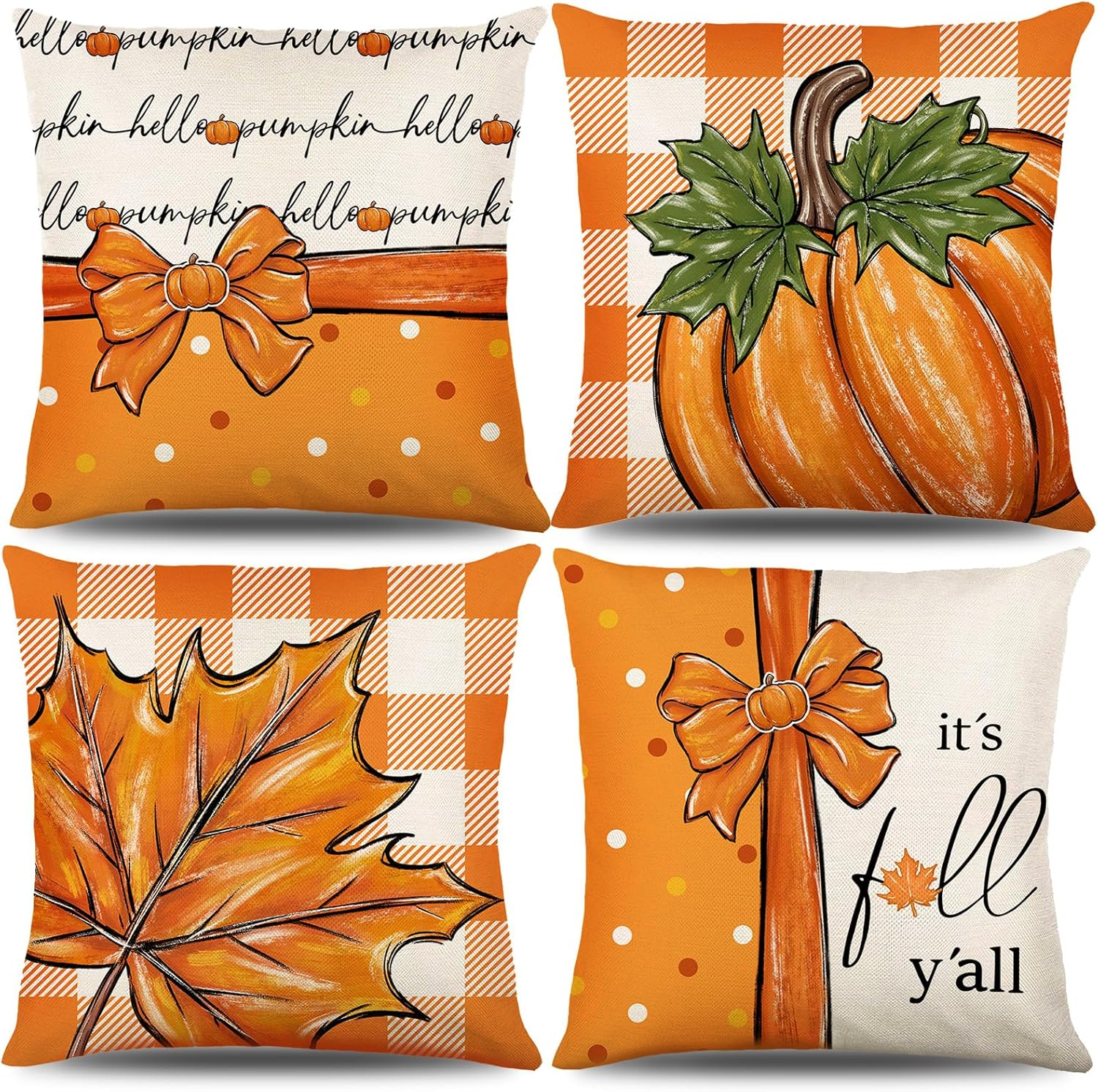Bigqin 4 Pack Fall Throw Pillow Covers 45X45Cm/18 X18, Maple Leaf Cushion Cover Orange Home Decor Pumpkin Cushion Covers, Pumpkin Home and Halloween Decorations