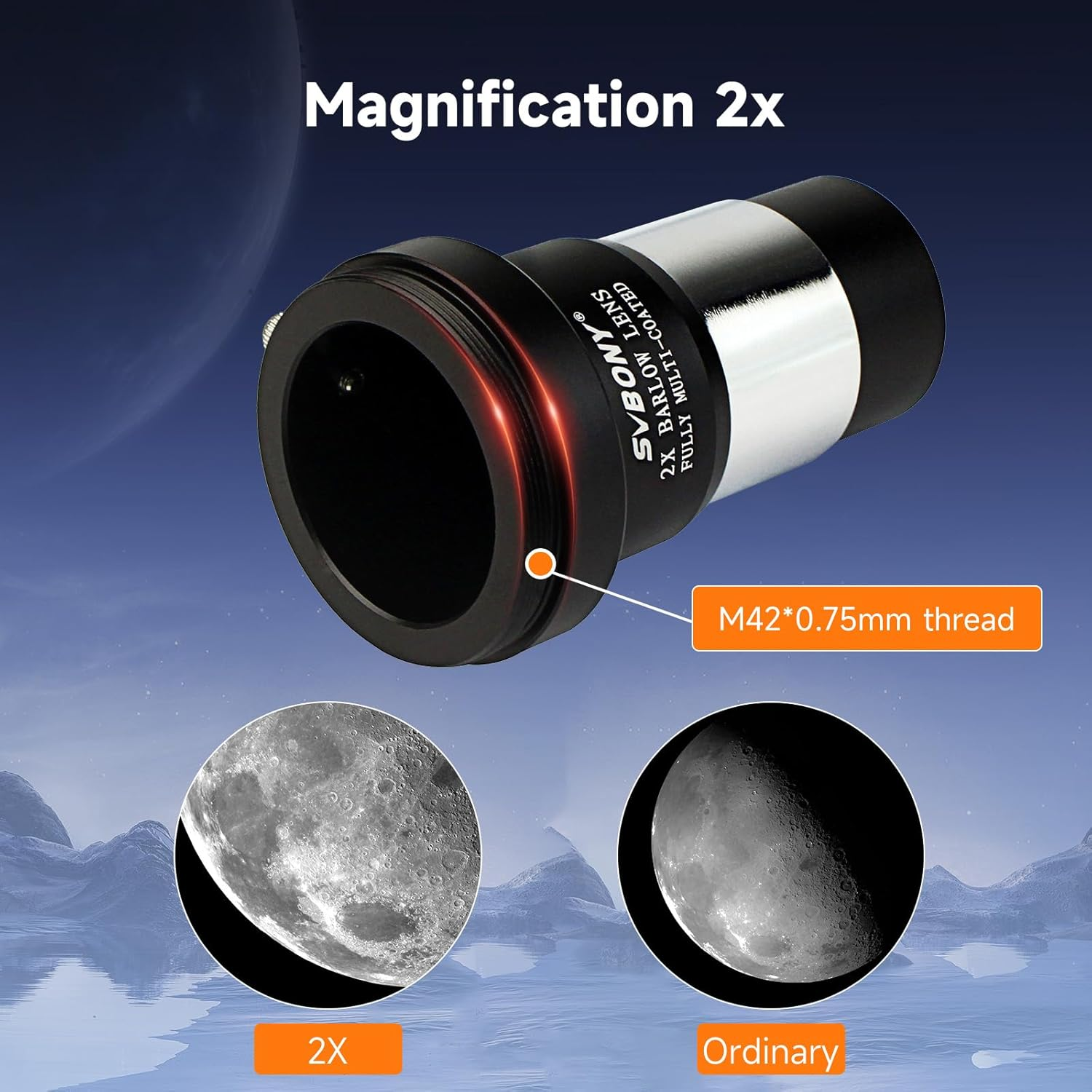 SVBONY 40Mm 1.25 Inches Plossl Telescope Eyepiece 40 Degree, and 2X Barlow Lens, 1.25 Inch Barlow Lens, Multi Coated Broadband Green Film, Telescope Accessories with M42 Thread for Telescope Eyepiece image number 5
