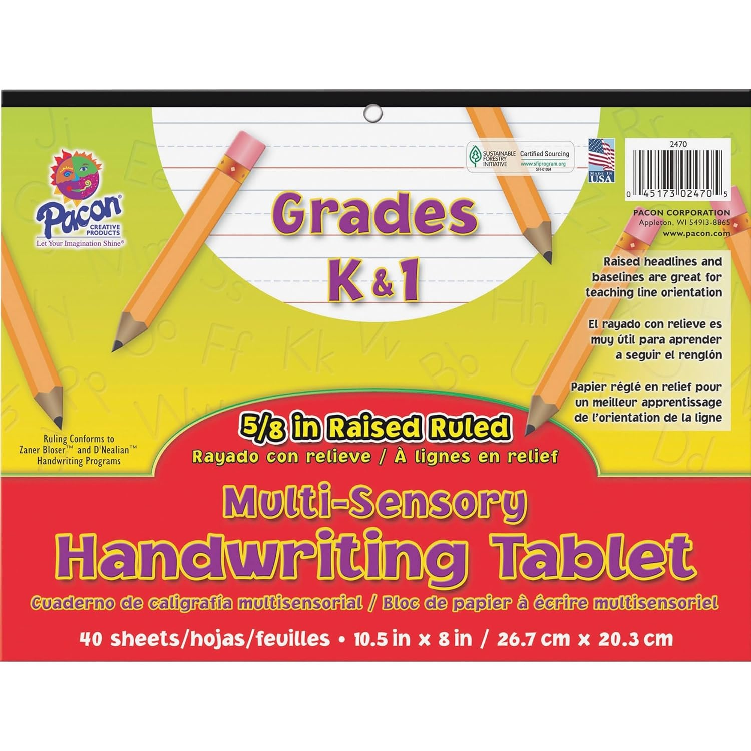 Pacon Multi-Sensory Raised Ruled Tablet, White, 5/8" X 5/16" X 5/16" Ruled 10-1/2" X 8", Ruled Long, 40 Sheets image number 3