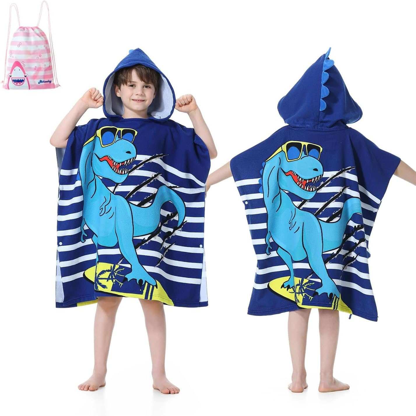 Kids Hooded Poncho Towels, Soft Microfiber Swim Cover-Ups for 4 to 15 Years Old, Hooded Kids Beach Towels, Swimming Pool Changing Robe Bathrobe Bath Towel, Kid Hoodeds Bath Towel (Blue Dinosaur) image number 5