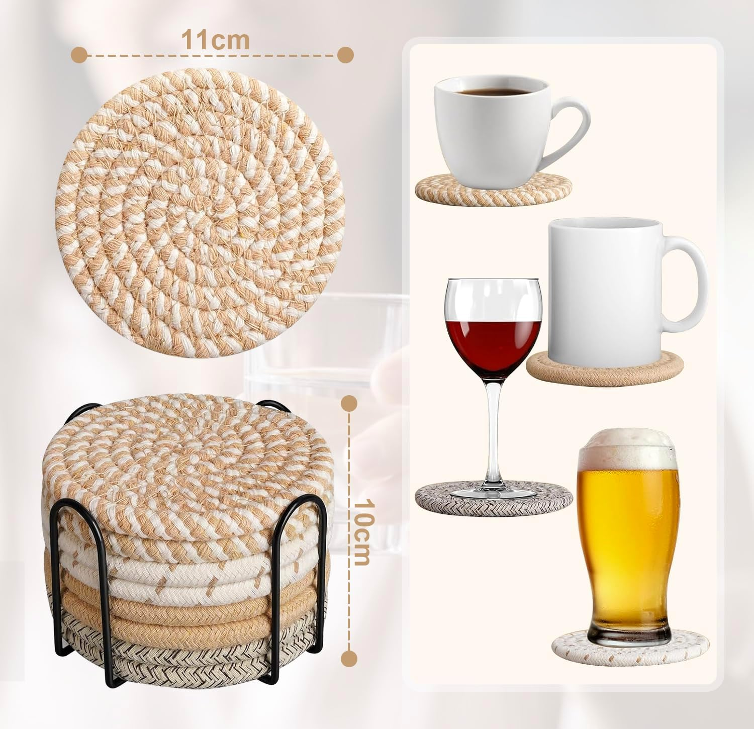 Chamgeco 8Pcs Drink Coasters with Metal Holder, Boho Cotton Woven Absorbent Coasters for Drinks, 4 Colors Minimalist Cup Coaster Set for Home Decor Coffee Table Protection Housewarming (Multi-Color 1) image number 2