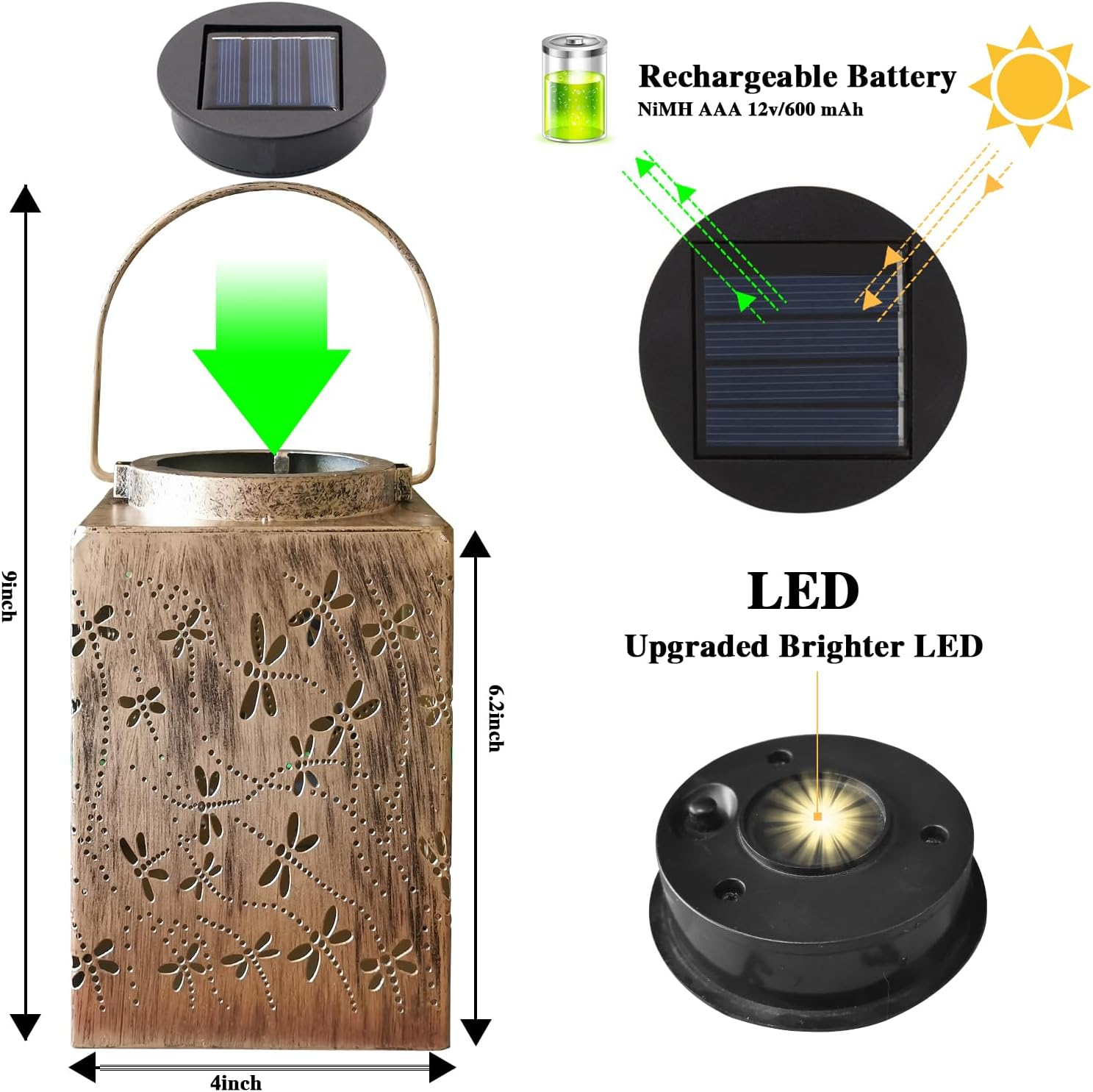 2 Pack Solar Lanterns - Waterproof Metal Hanging Solar Lights Outdoor Decorative, Solar Powered LED Lantern Lamp for Patio Balcony Tabletop Porch Deck Yard Garden Decor for outside (Square Dragonfly)