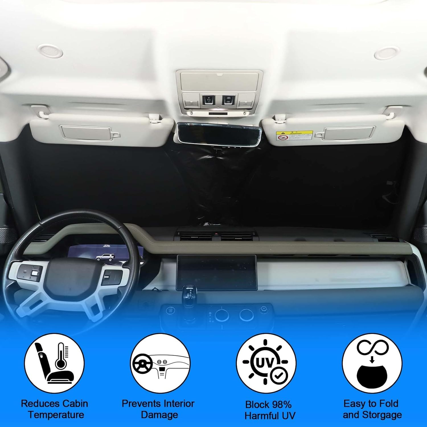 Windscreen Sun Shade Compatible with Land Rover Defender 90/110/130 2020-2025 Accessories | Reflective Windshield Cover Window Shade | UV & Heat Blocking Cover (Polyester (Style D)) image number 4