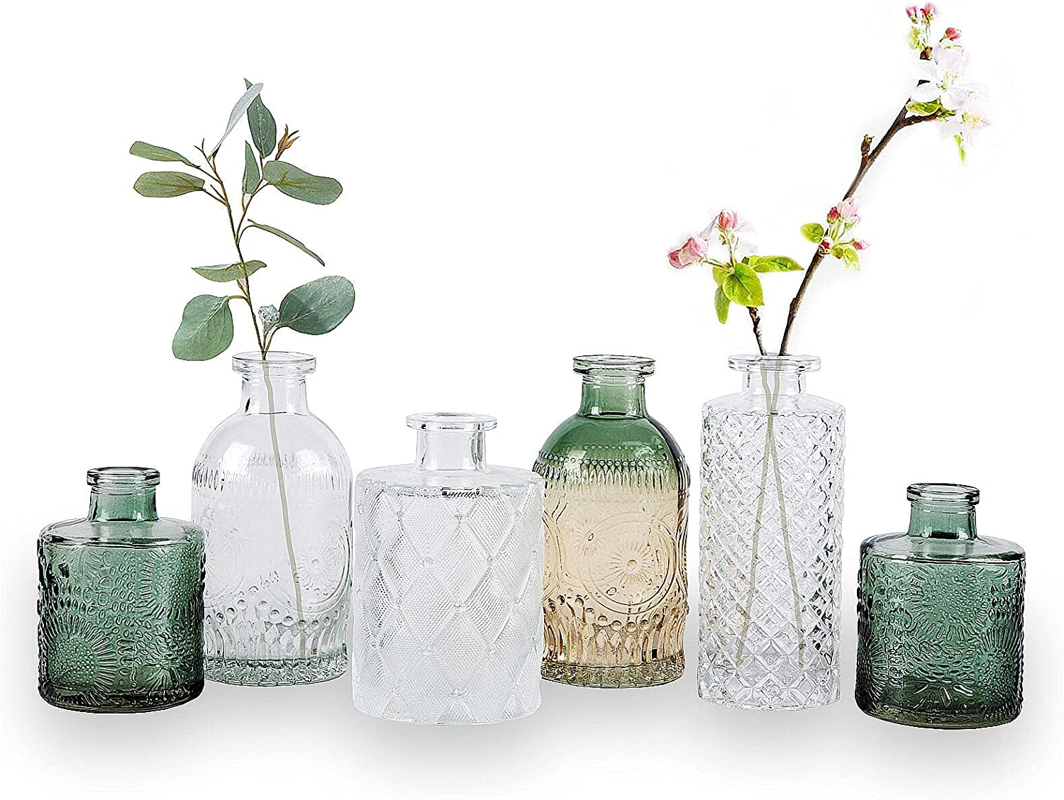 Glass Bud Vase Set of 3, Small Flower Vases for Decorative, Gradient Glass and Embossed Style Mini Glass Bottles for Home Decor, Vintage Glass Bottles for Centerpiece 3.3"-5.2''H(Green)