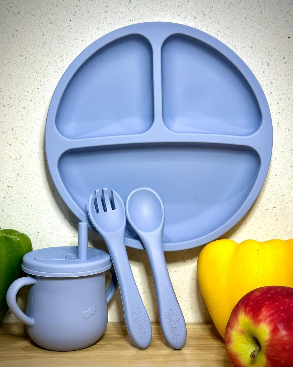 4 Pcs Silicone Feeding Set - Plate, Cup, Spoon, and Fork - Baby Feeding Essentials - Blue image number 3