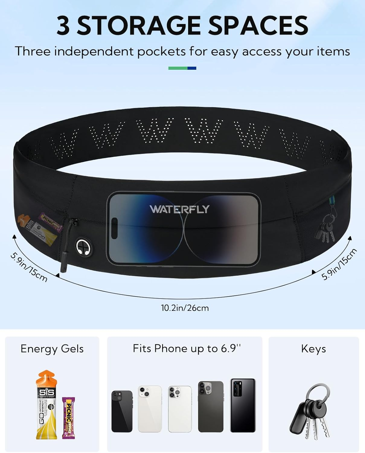 WATERFLY Running Belt Fanny Pack: Slim Waist Bag for Men Women, Workout Fitness Phone Holder for Exercise Marathon Jogging - Black image number 2