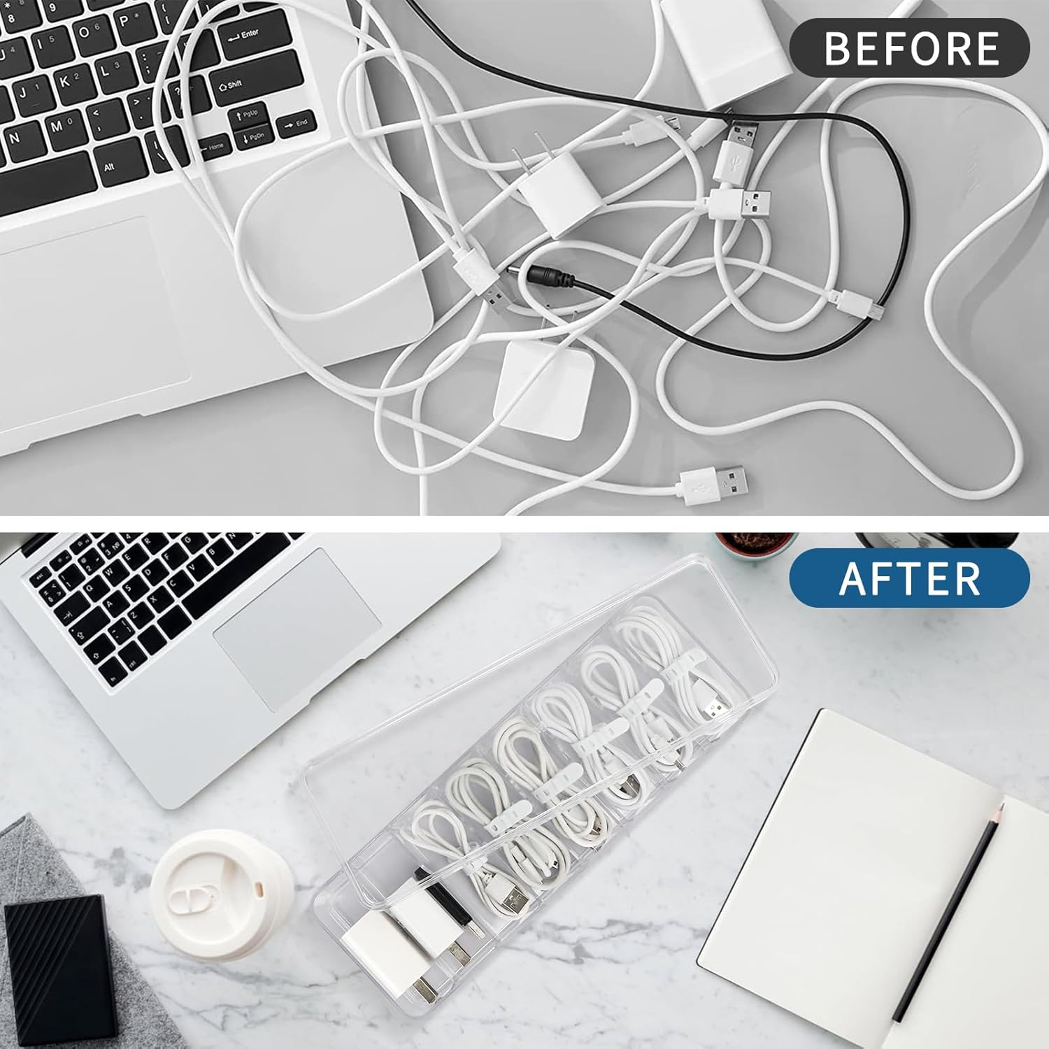 FYY Clear Electronics Organizer Box - with 10 Wire Ties, Desktop Cable Management Box with Lid, Acrylic Cord Organizer Case 8 Compartment Electronic Accessories Case for Desk Drawer, Office, Home image number 4