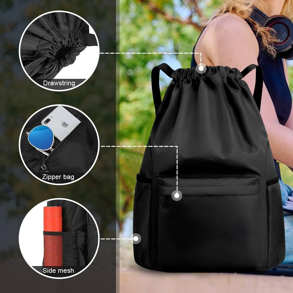 Sonicefit Waterproof Drawstring Gym Backpack, Durable Sports Sackpack with Water Bottle Holder & Side Pockets, Large Capacity Cinch Bag for Basketball Soccer Yoga Swimming Travel - Grey image number 7