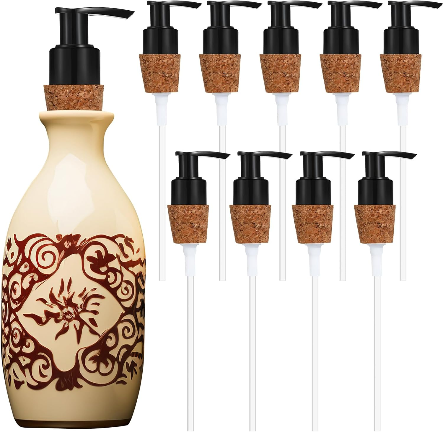 Tioncy 10 Pcs Soap Dispenser Pump with Cork Stopper Easy Press in Replacement Soap Pump Dispenser for Bottles Mason DIY Soap Lotion Jars (White)