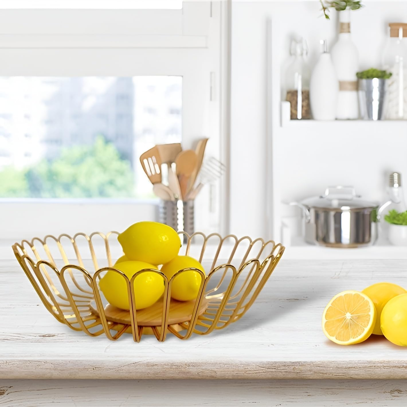 7UYUU Metal Wire Countertop Fruit Bowl Basket Holder for Kitchen | Gold Modern Storage Table Centerpiece with Wood Stand | Home Decor - 12 Inch (Gold)