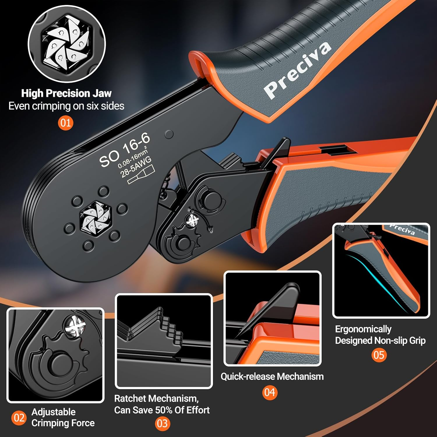 Ferrule Crimping Tool Kit, Preciva Upgrade Double & Single Ferrules Connectors,16-6 Hexagonal Ratchet Jaw Wire Crimping Pliers AWG 28-5 (0.08-16Mm&sup2;) with 1200PCS Terminal Connector Sleeves, CP94120 image number 1