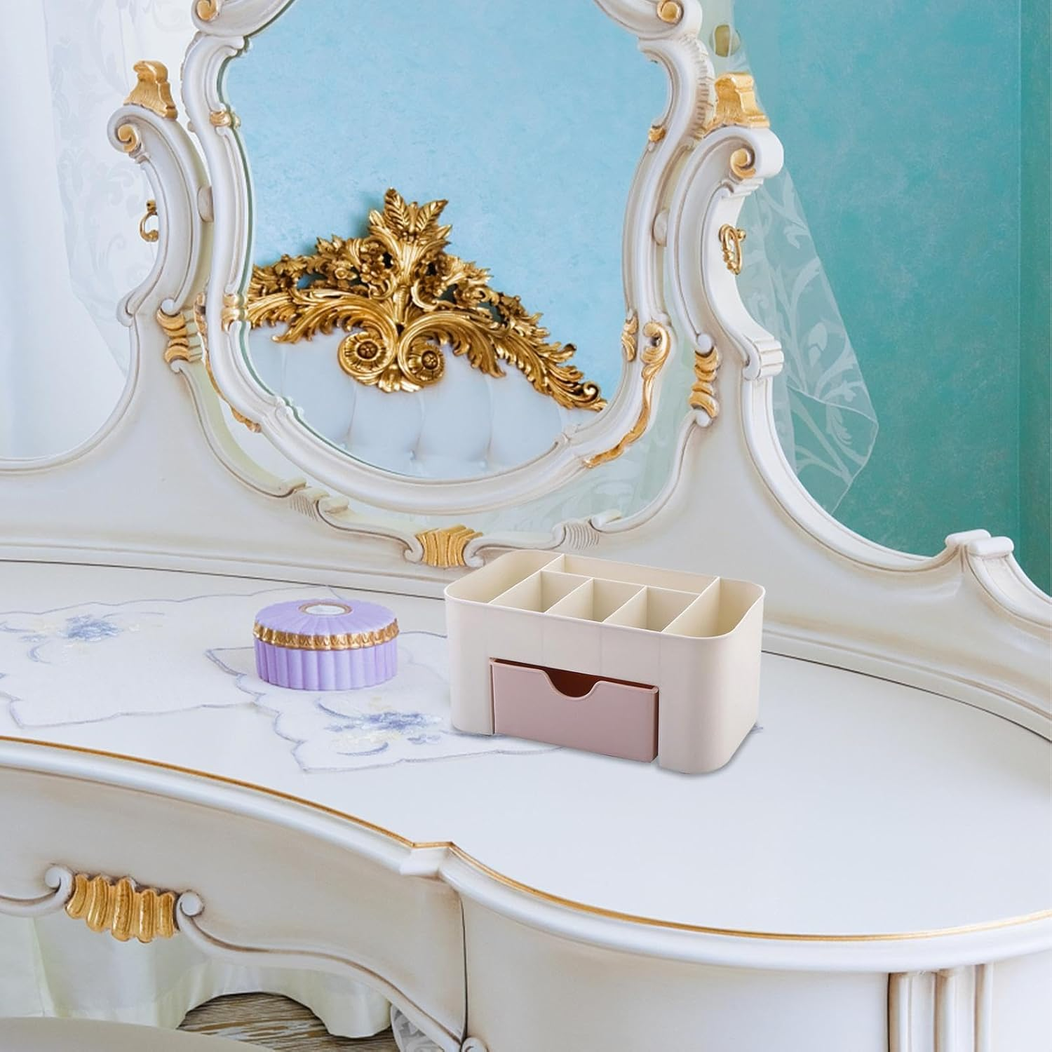 Makeup Organiser - Makeup Storage Box, Cosmetic Storage Organiser | Cosmetic Brush Holder Desk Organiser, Cosmetic Storage Box Drawer Type, Vanity Organiser for Cosmetics, Lipsticks, Jewellery, Pink,