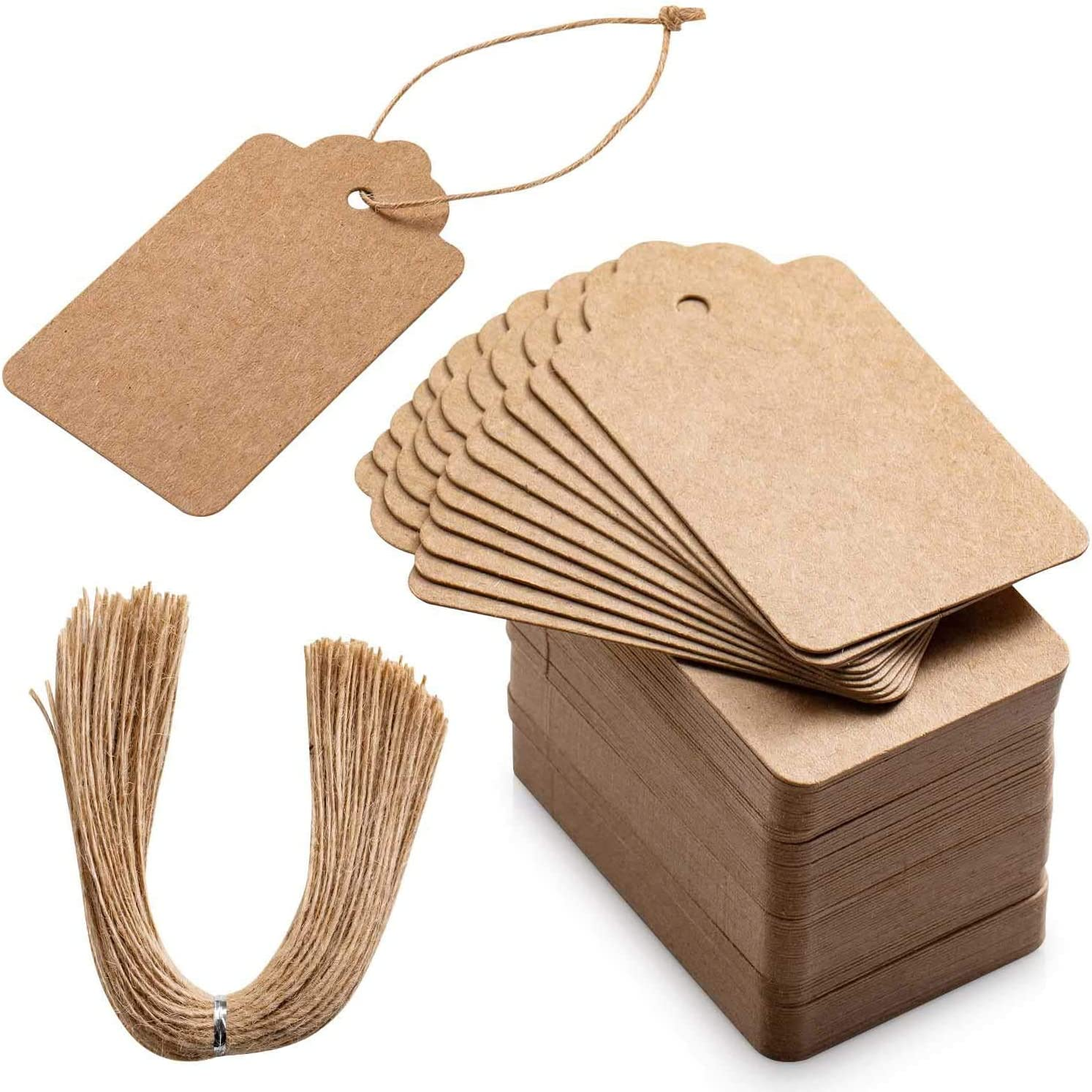 Primbeeks 125 Pcs Premium Gift Tags, Double-Sided Available Kraft Paper Price Tags with 125 Root Natural Jute Twine, Craft Tags Labels Treats Tags for Wedding Christmas Day Thanksgiving, Brown