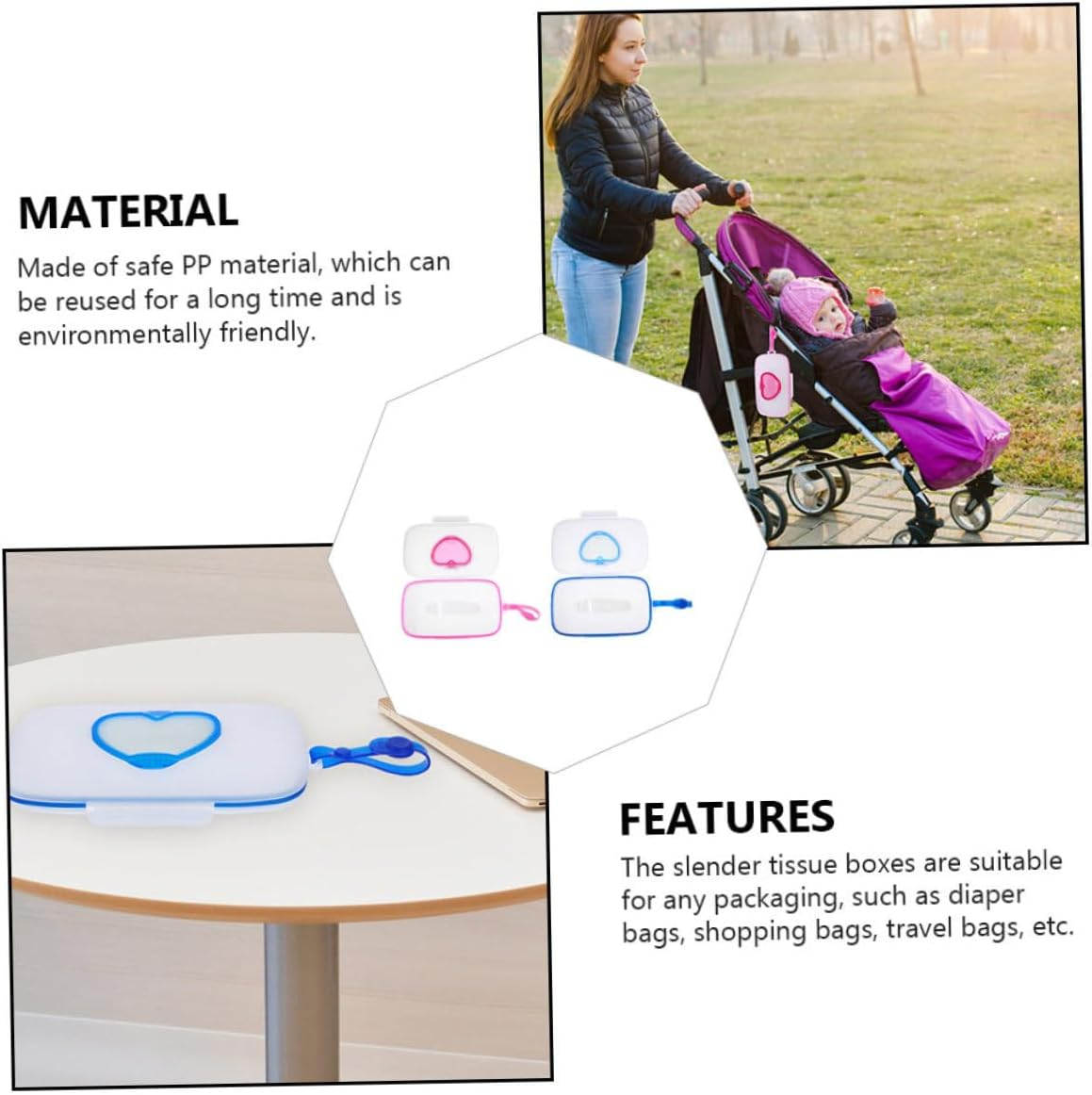 Generic Portable Baby Wet Tissue Case 2Pcs Set Reusable Wipe Holder Sealing Lids Heart Design White Pink White Blue for Outdoor Use image number 1
