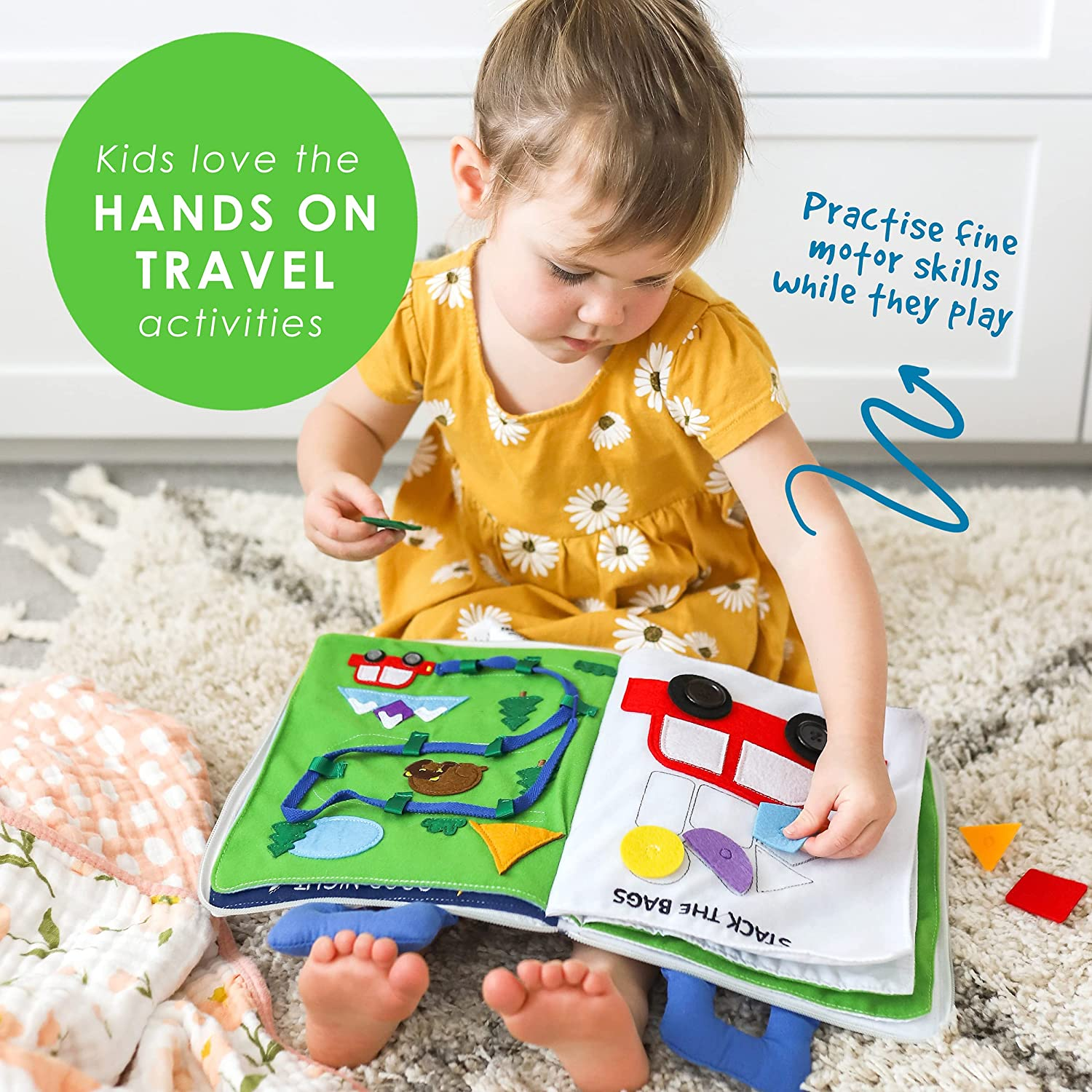 Curious Columbus Quiet Book for Toddlers. Away We Go Large Educational Preschool Fabric Montessori Activity Book with 10 Pages for Learning and Quiet Play, Airplane and Road Trip Travel Toy Essentials image number 2