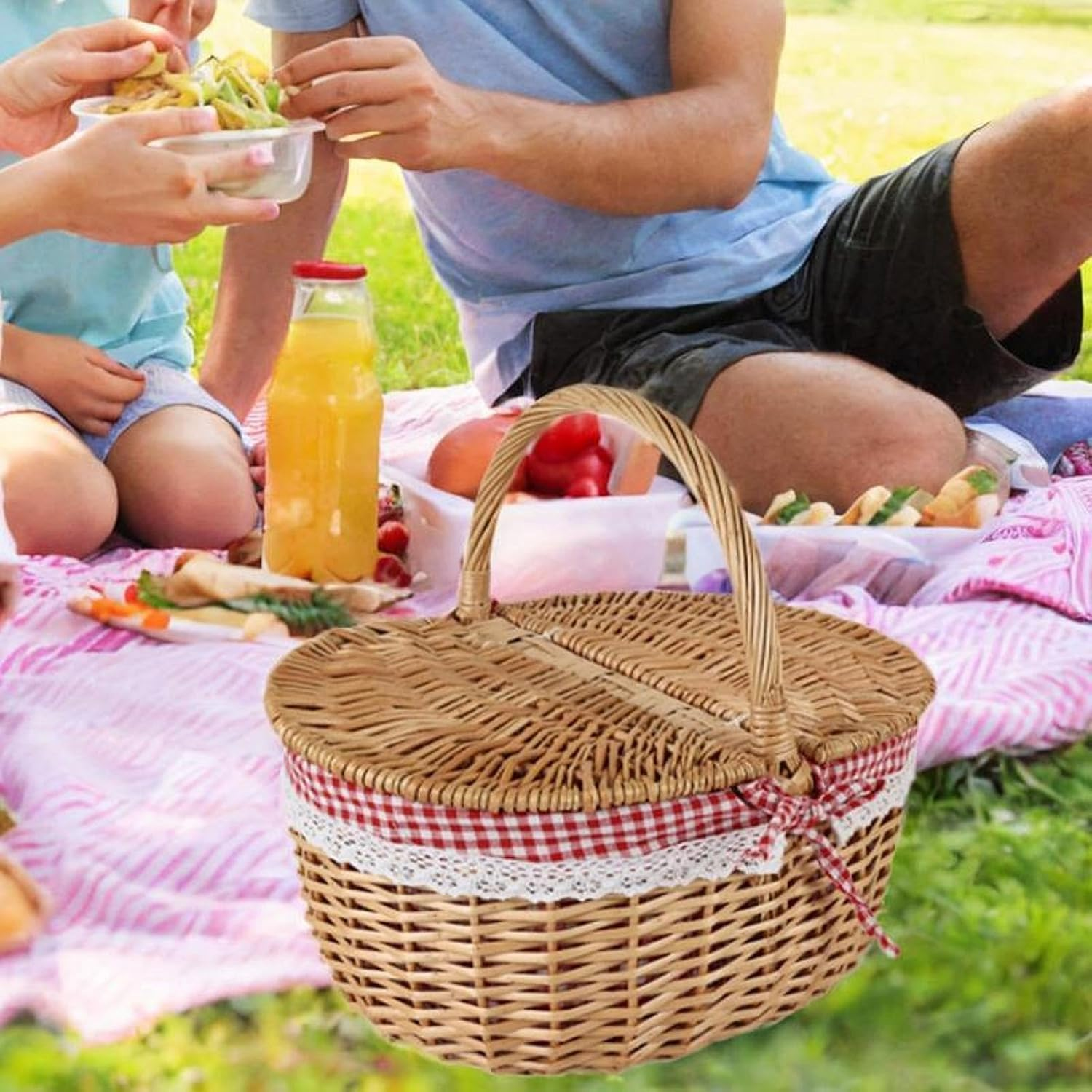 Picnic Basket, Wicker Basket with Foldable Handle Lid and Removable Liner, Rustic Woven Wicker Basket for Outdoors, Home Decoration, Beach Parties, Halloween, Christmas, Valentines, Birthday (Red) image number 6