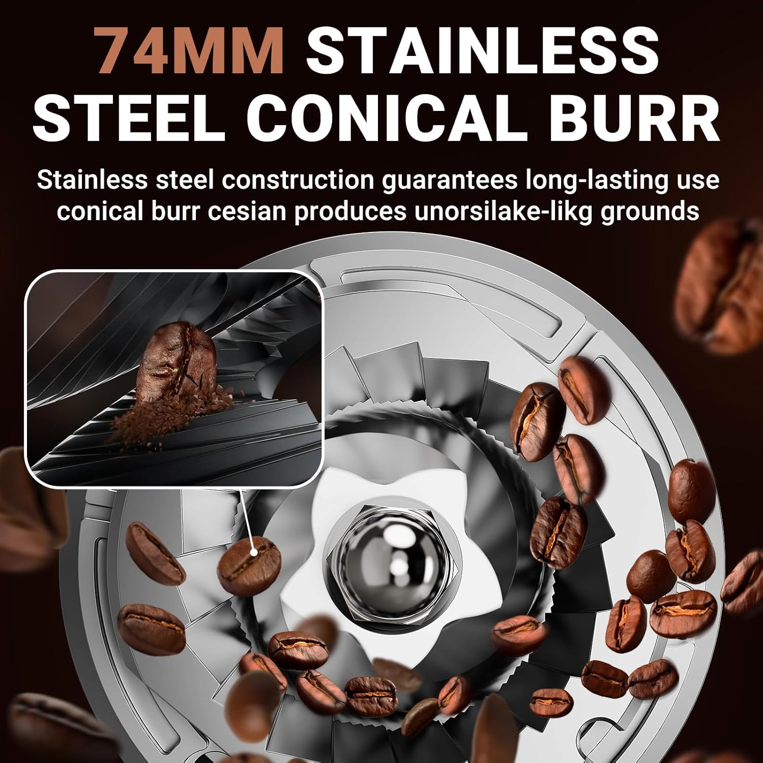 AMZCHEF Electric Coffee Grinder, Conical Burr Grinder with 48 Precision Grind Settings, LED Panel Control, Detachable Funnel Stand for Espresso, Drip, French Press, Easy to Clean, Stainless Steel image number 4