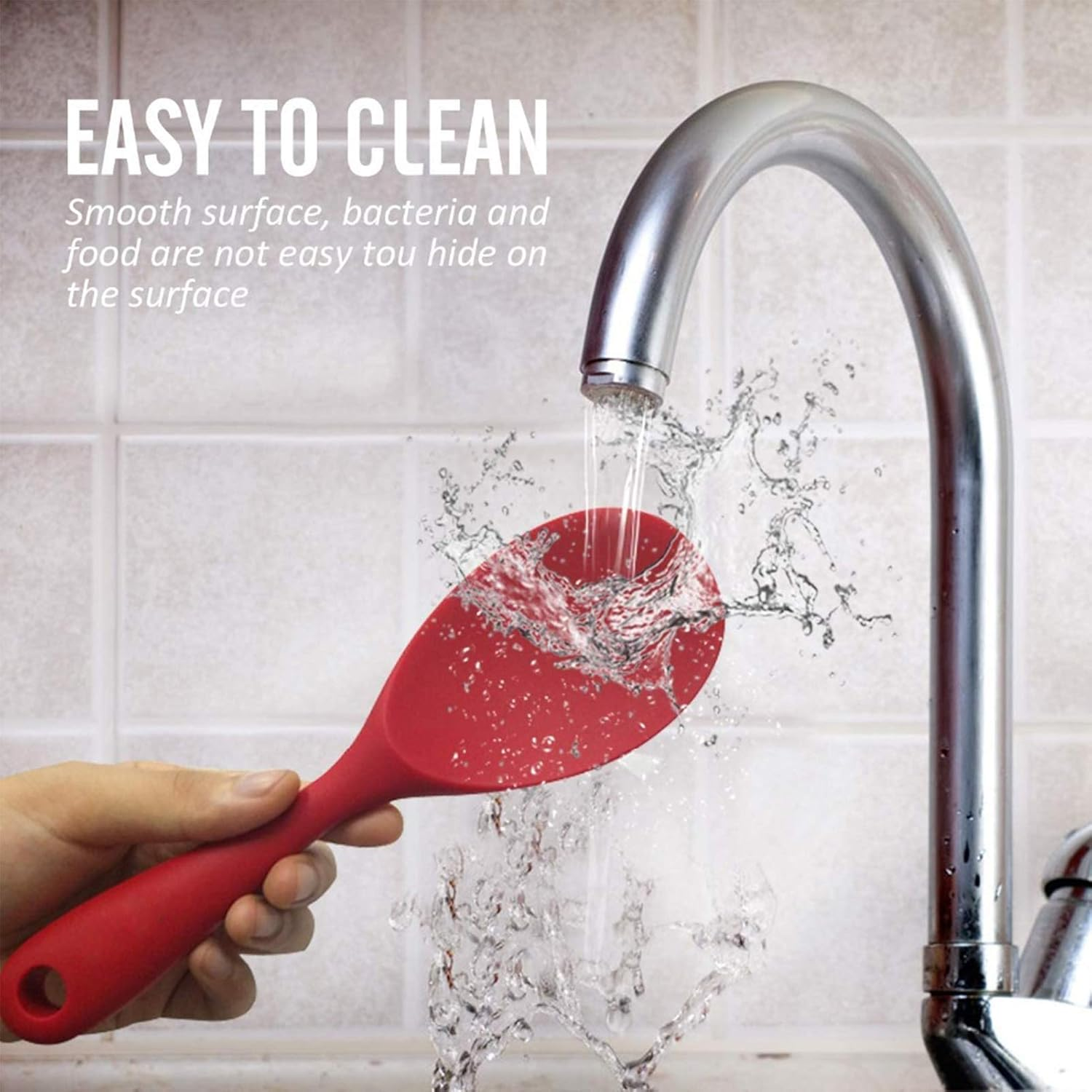 Silicone Rice Paddle Spoon Set of 2,Non Stick Heat Resistant to 446&deg;F Strong Steel Core,Kitchen Gadget,Dishwasher Safe,Works for Rice,Mashed Potato or More (Red) - Red image number 3