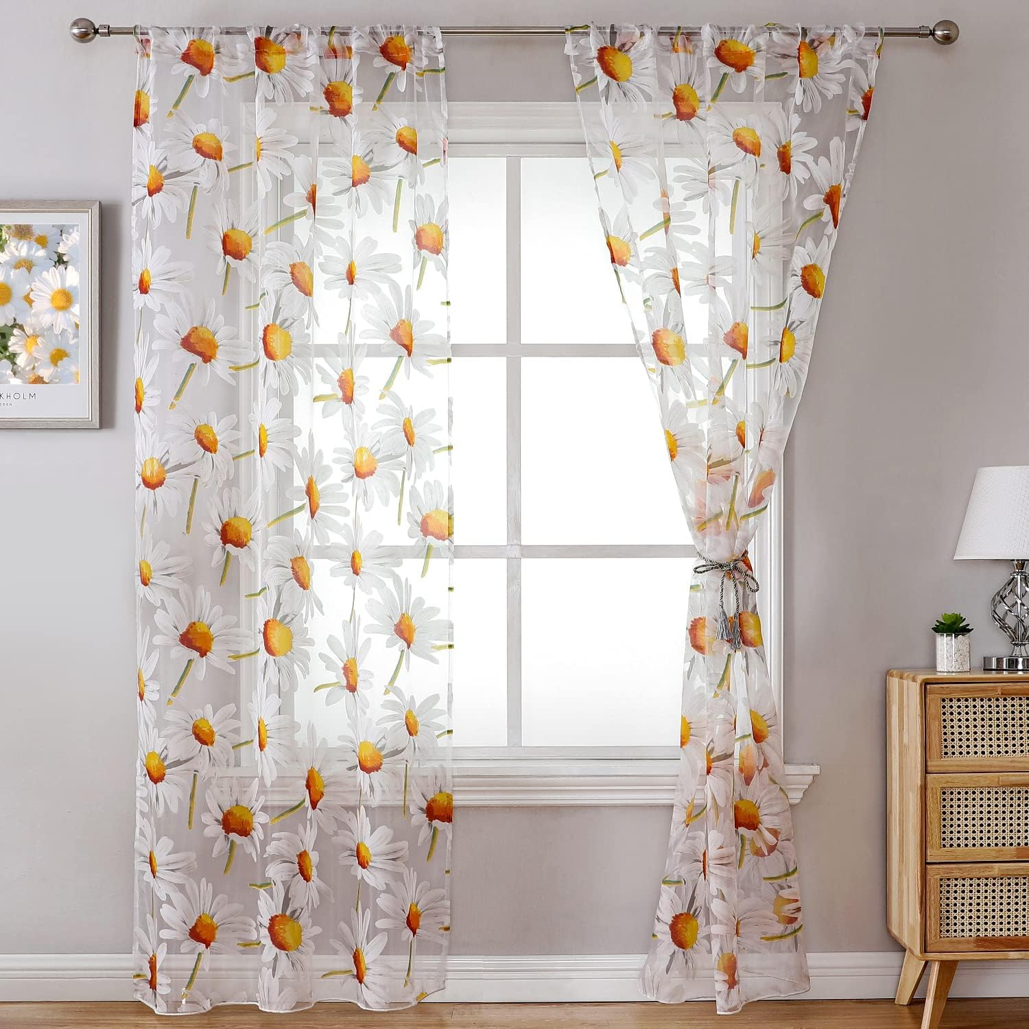 BROSHAN Floral Print Sheer Room Curtains, Pretty Pink Flower Curtain Sheers Sage Green Leaves Pattern Bedroom Curtain Set of 2 Botanical Voile Tulle Window Curtain Panels Rod Pocket