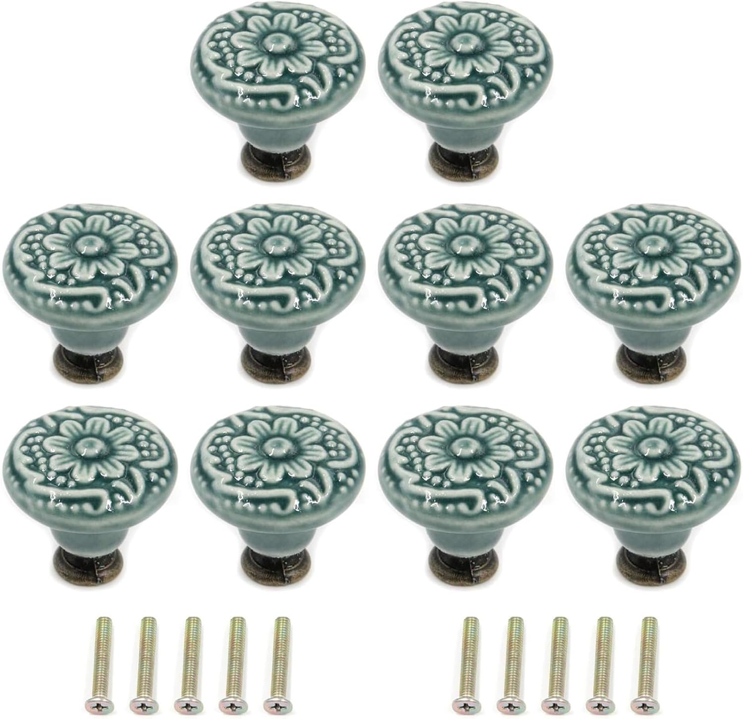 10Pcs Ceramic Knobs Decorative Knobs, Drawer Cabinet Drawer Knobs Pull Handle Door Knobs, Furniture Pull Tool with Mounting Screw, Vintage Floral Cabinet Knobs Kitchen Home Decor (Green)