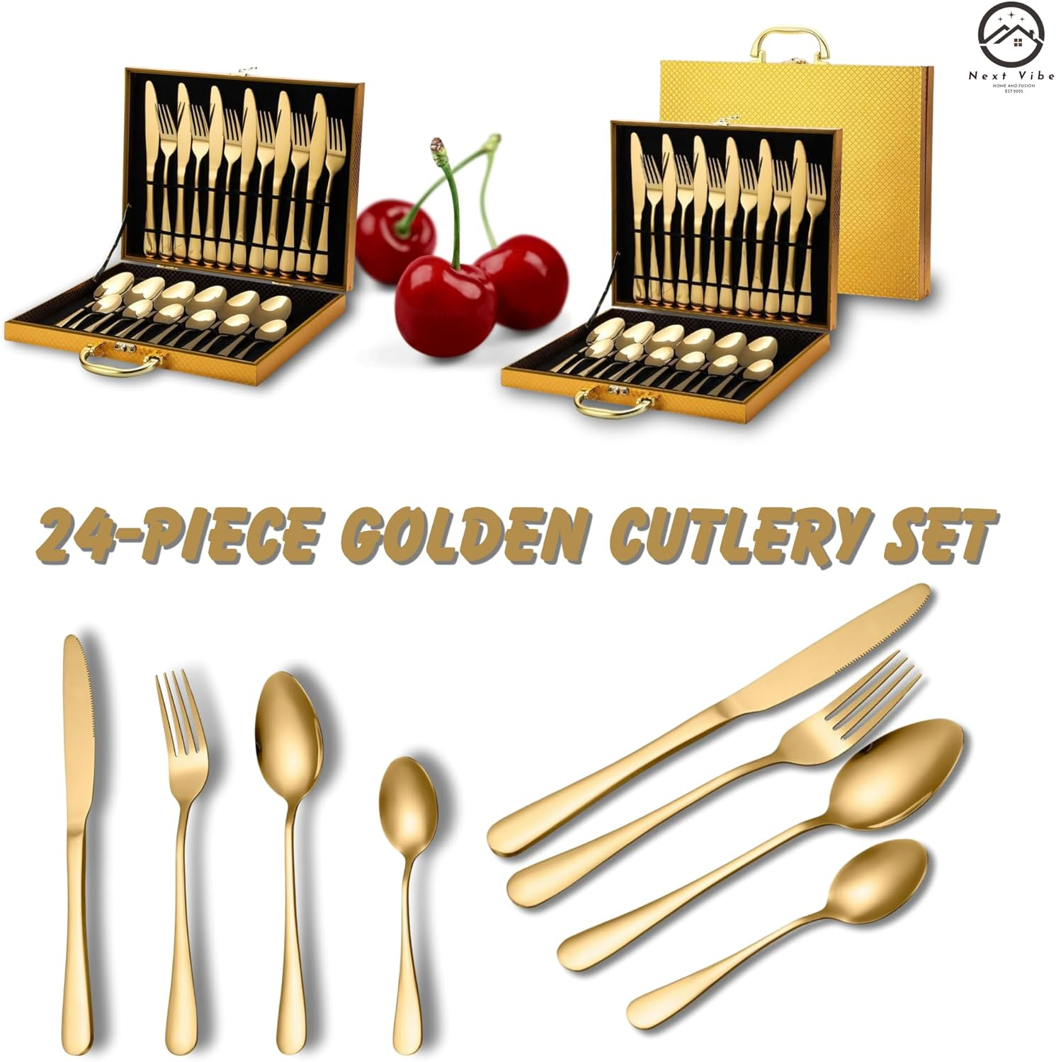 24-Piece Golden Cutlery Set - Elegant Stainless Steel Flatware Set, Gold Finish, Durable & Stylish Tableware for 6 - Perfect for Formal Dining & Everyday Use image number 3