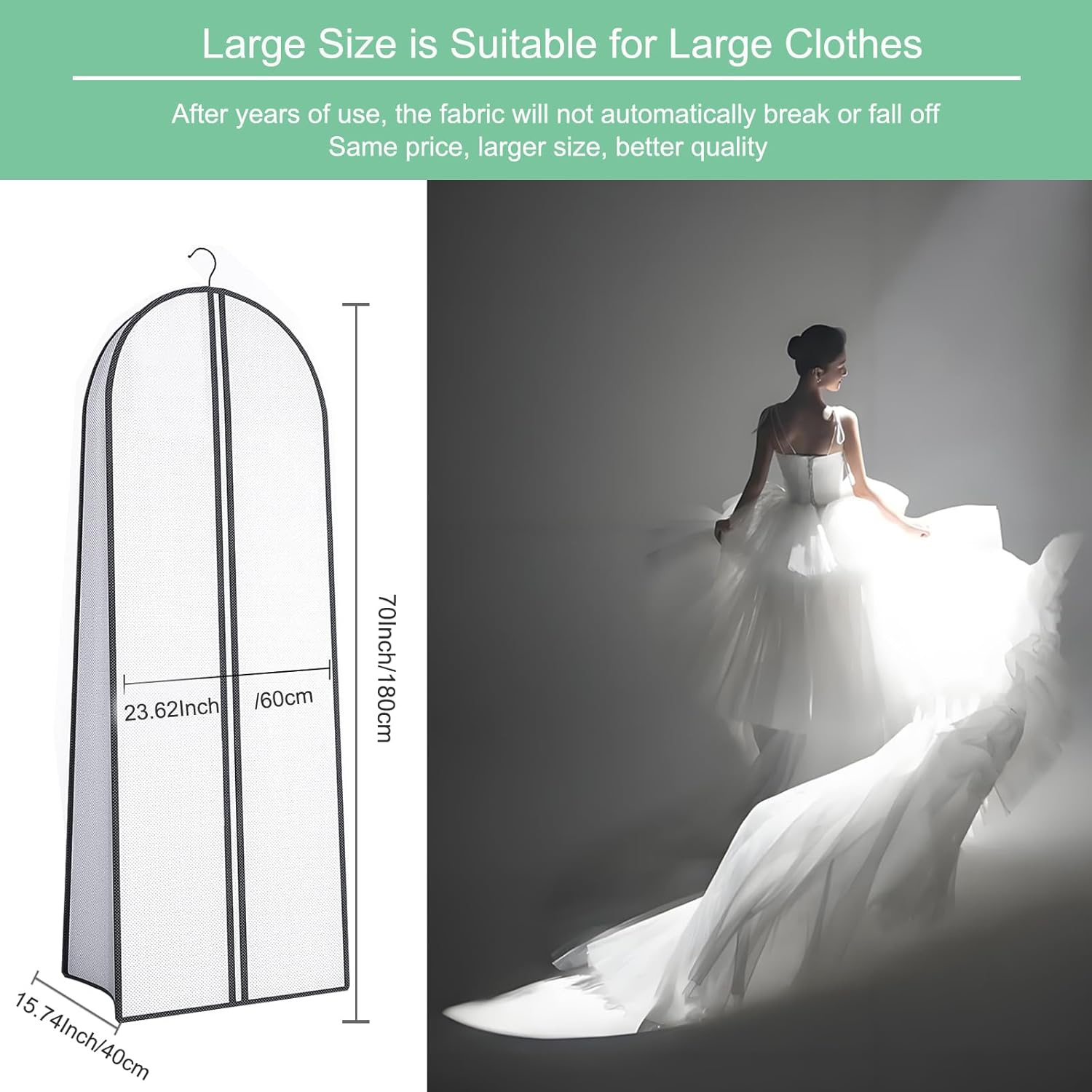 70" Bridal Wedding Gown Dress Garment Bag, Dust Proof Storage Bag with Large Bag for Easy Storage and 3 Small Bags for Wedding Shoes, White