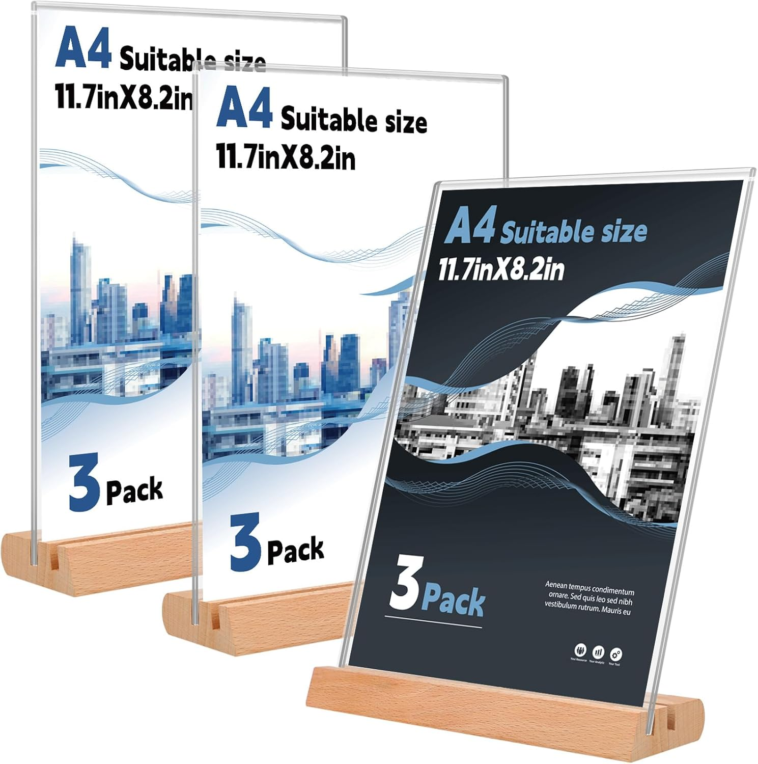 3 Pack A4 Acrylic Sign Holder, Wooden Base Table Number Holder, Doubel-Sided Menu Display Stand, Clear Signage Holder for Wedding, Vendor Booth, Farmer Market Small Business Retail Display image number 6