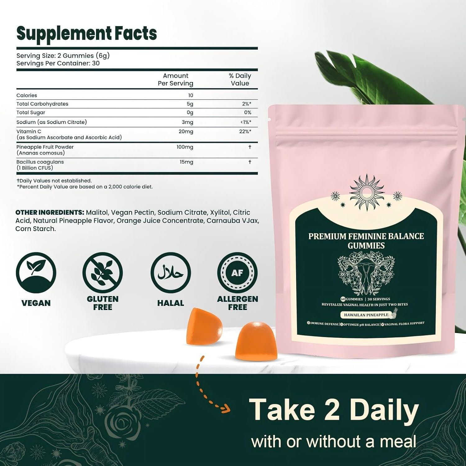 Feminine Balance Gummies &ndash; Vaginal Probiotics & Probiotics for Women &ndash; Vegan, Low Sugar, Gluten-Free &ndash; Pineapple Flavor &ndash; 60 Gummie image number 5