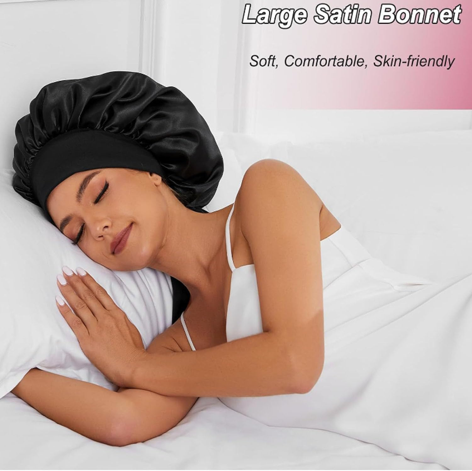 Black Large Satin Silk Bonnet for Sleeping Jumbo Sleep Cap, Double Layer Hair Bonnet with Tie Band,Wide Elastic Satin Shower Cap for Women image number 1