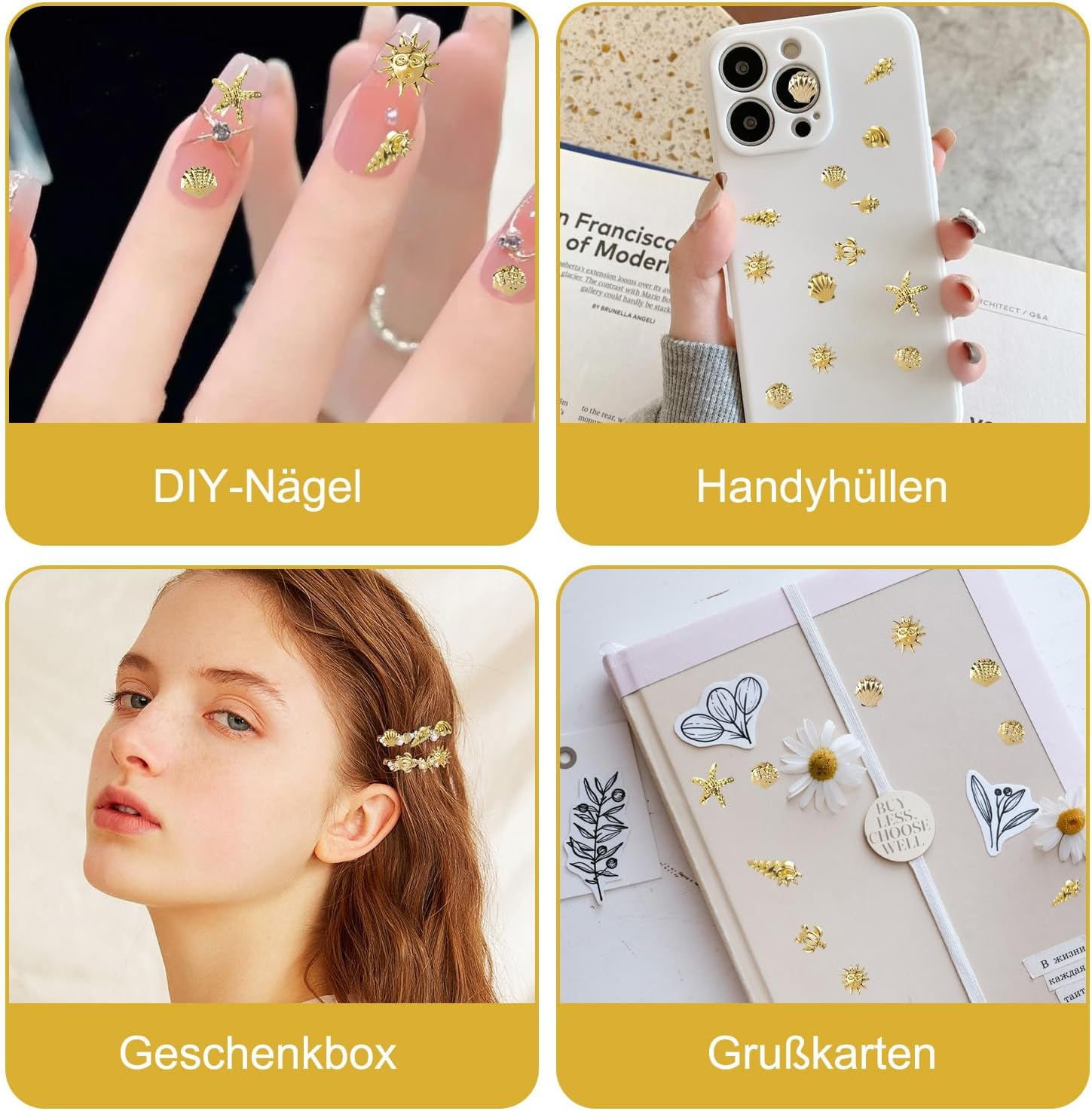 Nail Charms Gold, 122 Pieces 3D Gel Nail Art Charms Nails, Ocean Summer Sea Star Shell Rivets Charm Set, Metal Nail Design for Gel and Acrylic Nails, Golden 3D Nail Art DIY image number 6