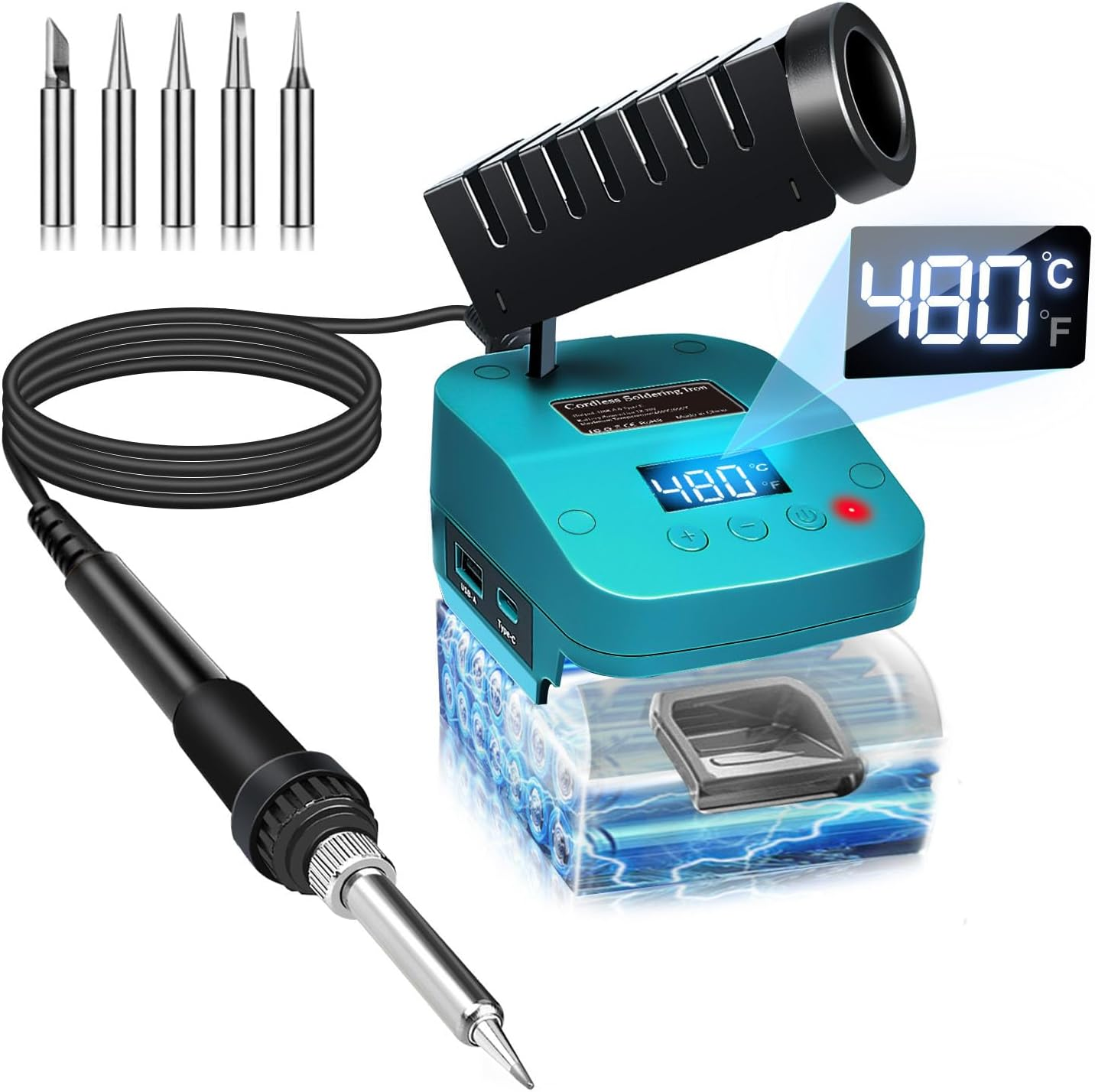 Wireless Soldering Iron for Makita 18 V Battery, Fast Heating, Electric Digital LCD Soldering Station with USB and Type C Charging Ports, Portable Adjustable Soldering Iron Set for DIY Enthusiasts