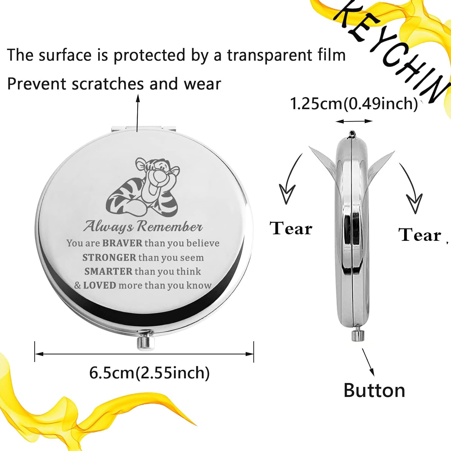 KEYCHIN Tiger Pocket Mirror Cartoon Movie Fans Gifts You Are Braver Stronger Smarter than You Think Compact Makeup Mirror for Women Girls Teenagers (Tiger Always-S) image number 1