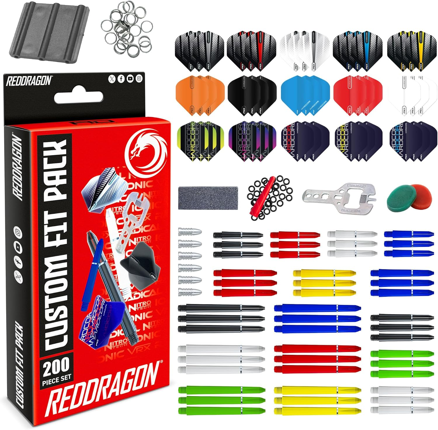 Red Dragon Darts 200-Piece Accessory Pack: Flights, Stems, Sharpener, Grip Wax, Checkout Card image number 1