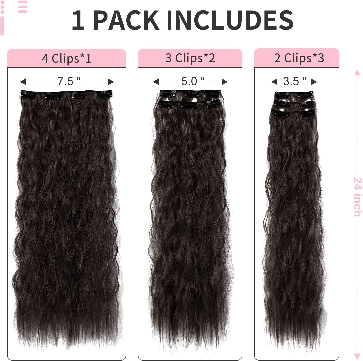 FLUFYMOOZ Clip in Hair Extensions,6Pcs Hair Extensions Long Mermaid Waves Wavy Synthetic Clip on Hairpiece for Women 24 Inch (Black Brown) image number 2
