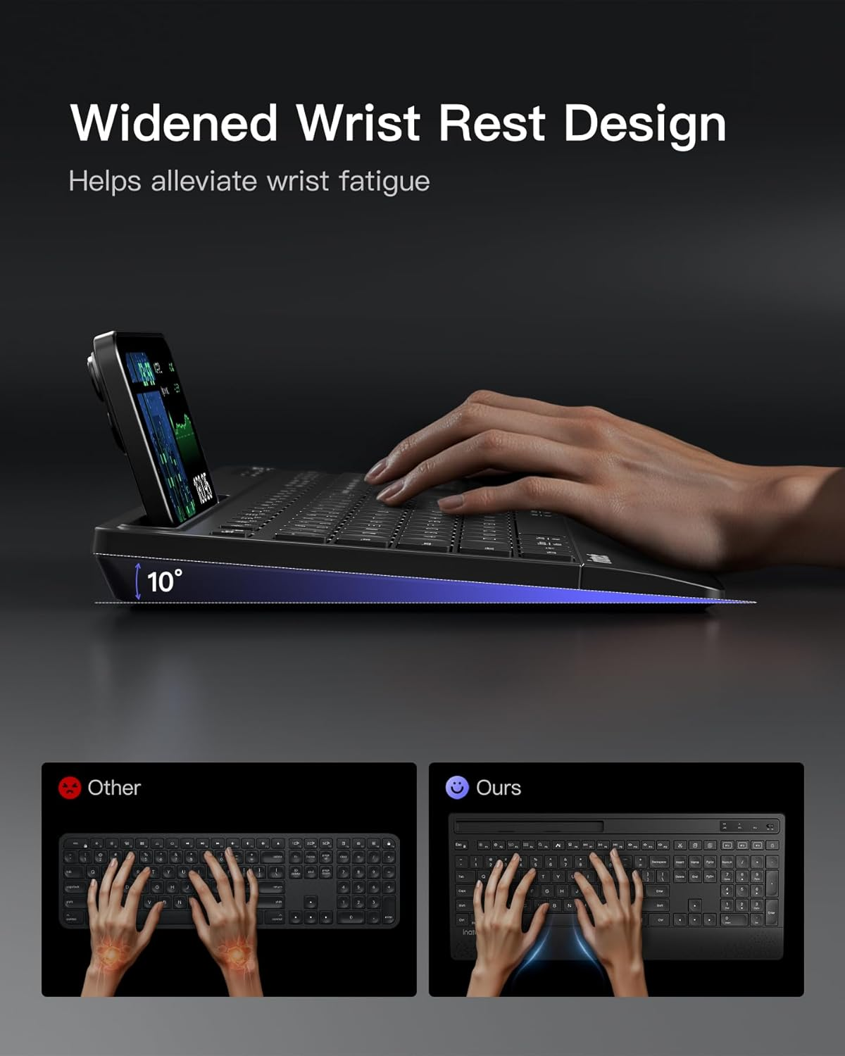 Inateck AI Wireless Keyboard and Mouse Combo, Full-Size Ergonomic Keyboard with Wrist Rest & Phone Holder, 2.4Ghz Bluetooth Silent Design for PC, Laptop, Mac, Windows image number 6