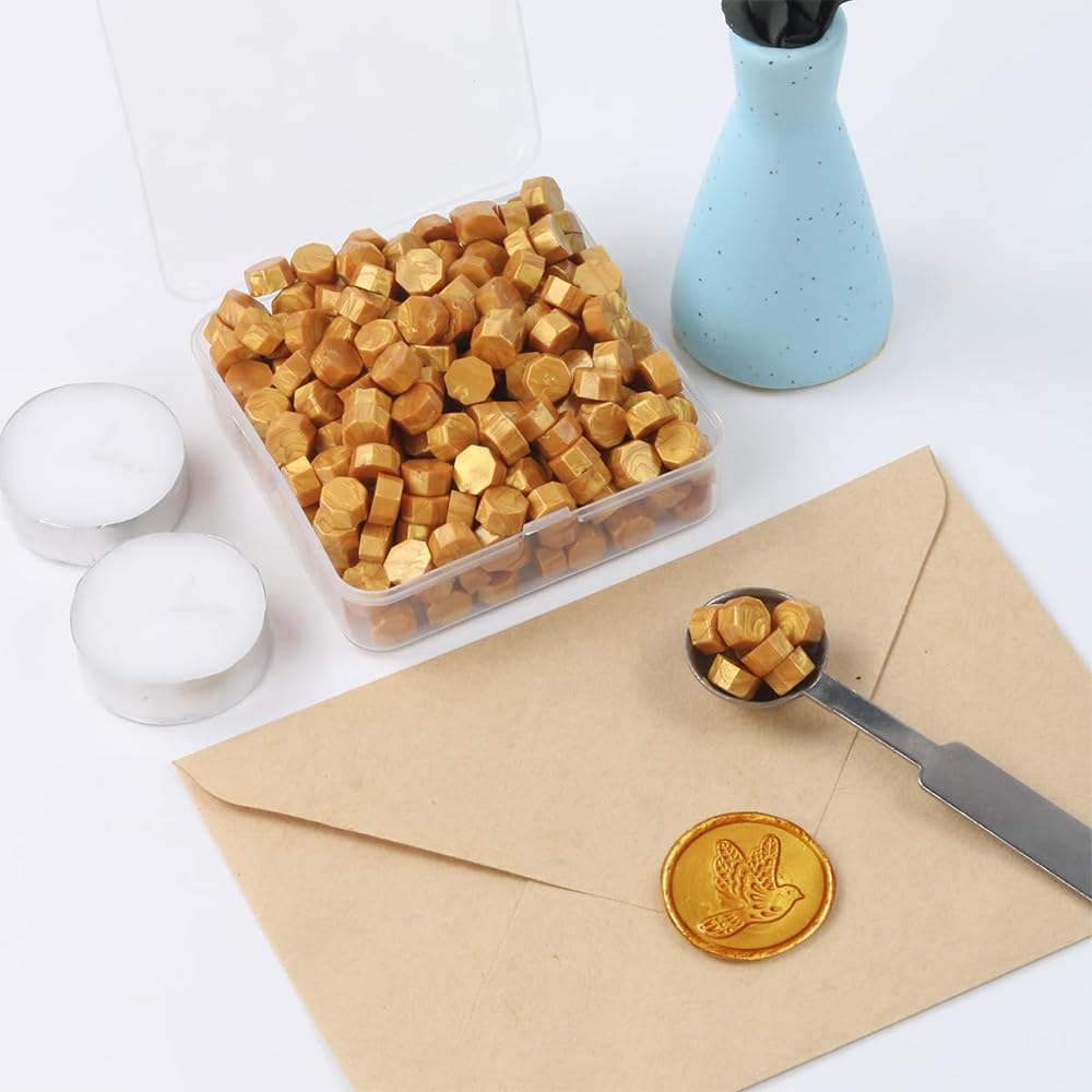 400 PCS Sealing Wax Beads for Stamp,Wax Seal Kit with 3 Tea Candles and 1 Melting Spoon,Antique Decor,Octagon Wax Pellets,For Wine Packages,Wedding Invitations,Envelope (Crown Gold) - Crown Gold image number 4