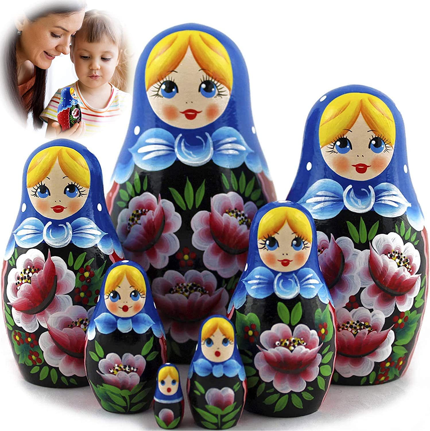 Nesting Babushka Dolls - Handmade Rose Hand-Painted - Matruska Stacking 7 Dolls - Munecas Rusas - Home Decor Decorations image number 1