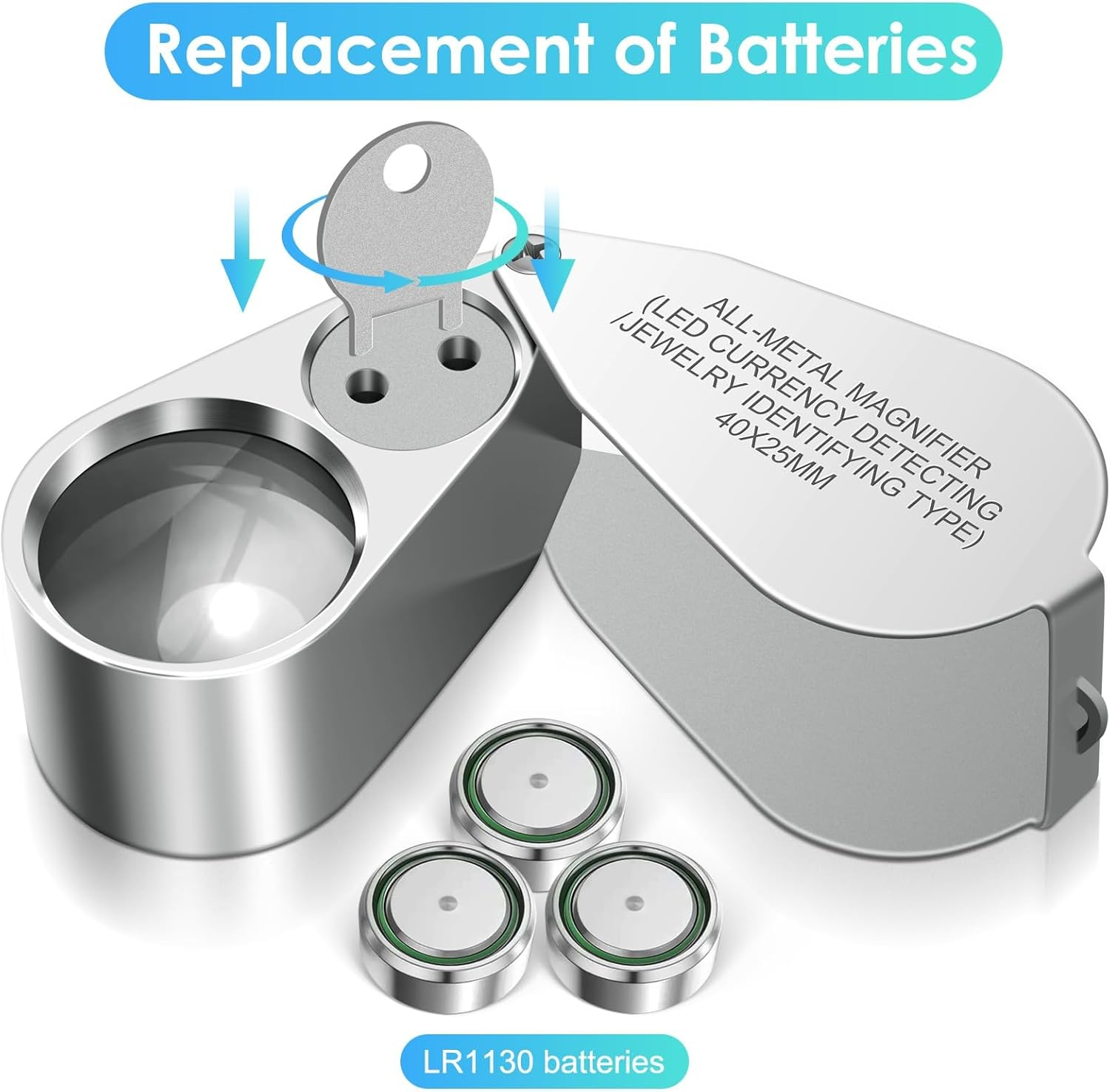 40X Jewelers Loupe Magnifier Magnifying Glasses, LED/UV Illuminated Jewelry Loop Pocket Folding Magnifying Glass with Metal Construction for Close Work, Gardening, Kids, Stamp, Rock Collecting 1Pack