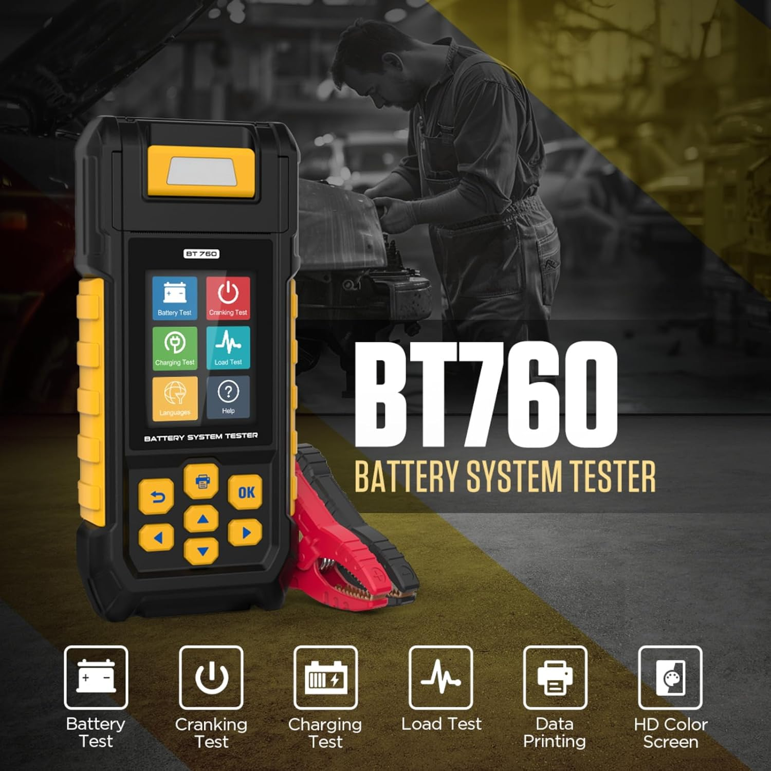 Battery System Testers BT760 Battery Analyzer 30-2000 CCA Battery/Load/Charging/Cranking Test for 8-32V Vehicles HD Vans Trucks Motorcycles Built-In Printer with 3 Rolls Printer Paper 14 Languages image number 2