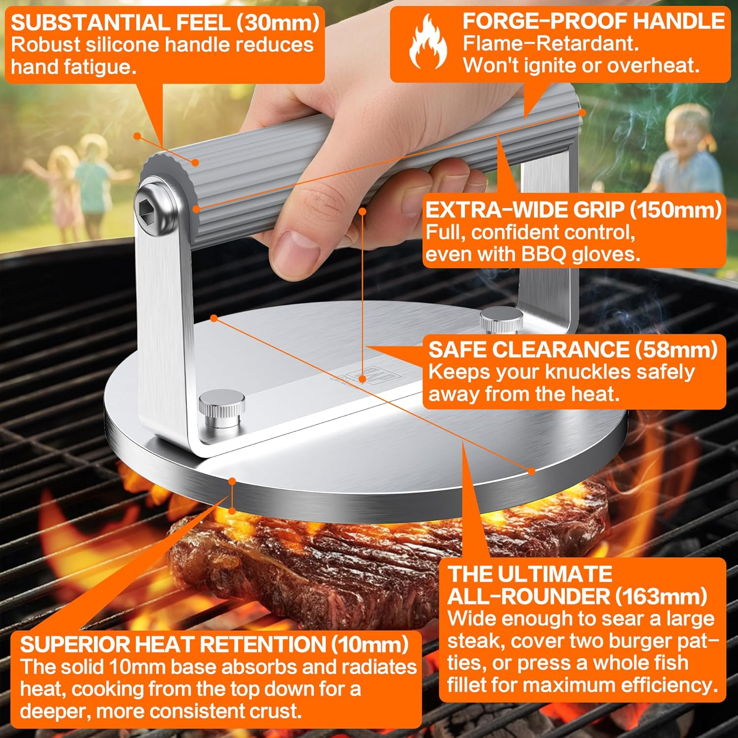 The Artisan Sear Press by QAP | Heavy Duty 1.95Kg Stainless Steel Grill Press for Smashed Burgers, Steak & Bacon | with Forge-Proof Flame-Retardant Handle | 163Mm round BBQ Hot Plate Accessory/Bp1-01 image number 2