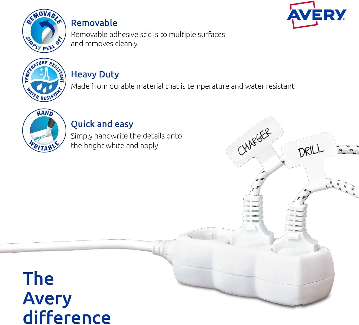 Avery Durable Organisation & Storage Tags - Organisation Stickers - Home Storage & Organisation - White, 40 X 60 Mm, 24 Labels / 4 Sheets (39032) image number 1