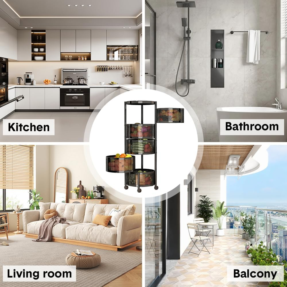 ALSTON 5 Layer Rotating Storage Trolley Kitchen Rolling Tiered Rack Stacking Organizer with 360 Swivel Lockable Wheels for Storing Fruit Vegetable Black image number 3