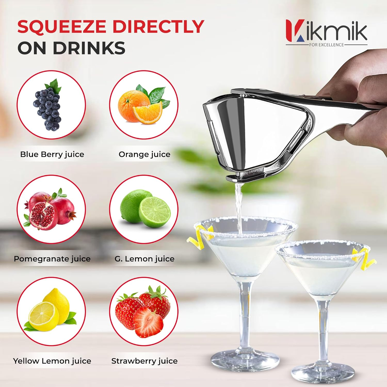Kikmik Stainless Steel Lemon Squeezer - Handheld Citrus Squeeze Manual Juicer with Space-Saving Ergonomics Design & Sideways Pivot for Maximum Juice Yield- (Silver). image number 2