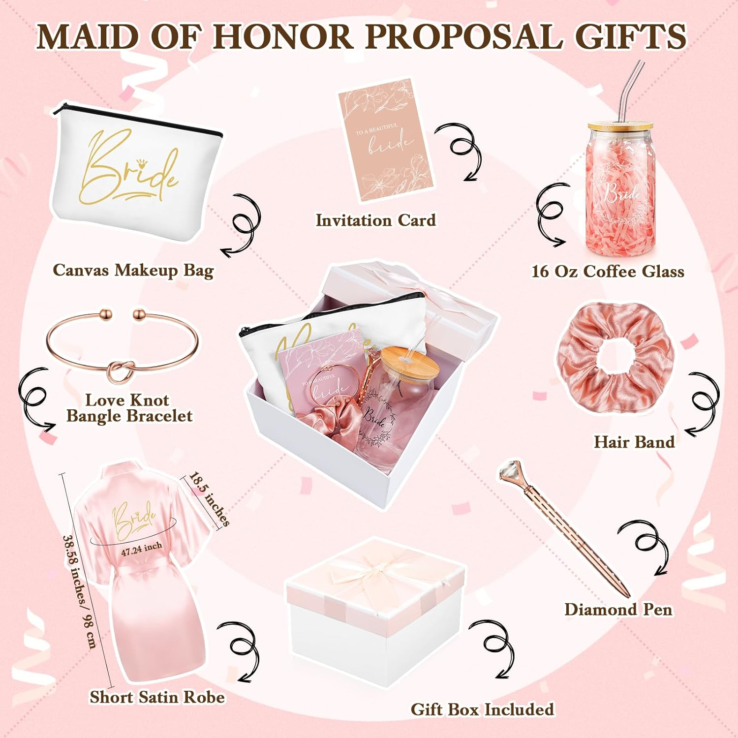 Irenare 8 Pcs Bride Gifts Set for Bridal Shower Bachelorette Party Robe Cup Makeup Bag Bracelet Scrunchies Card Pen Gift Box(Pink)